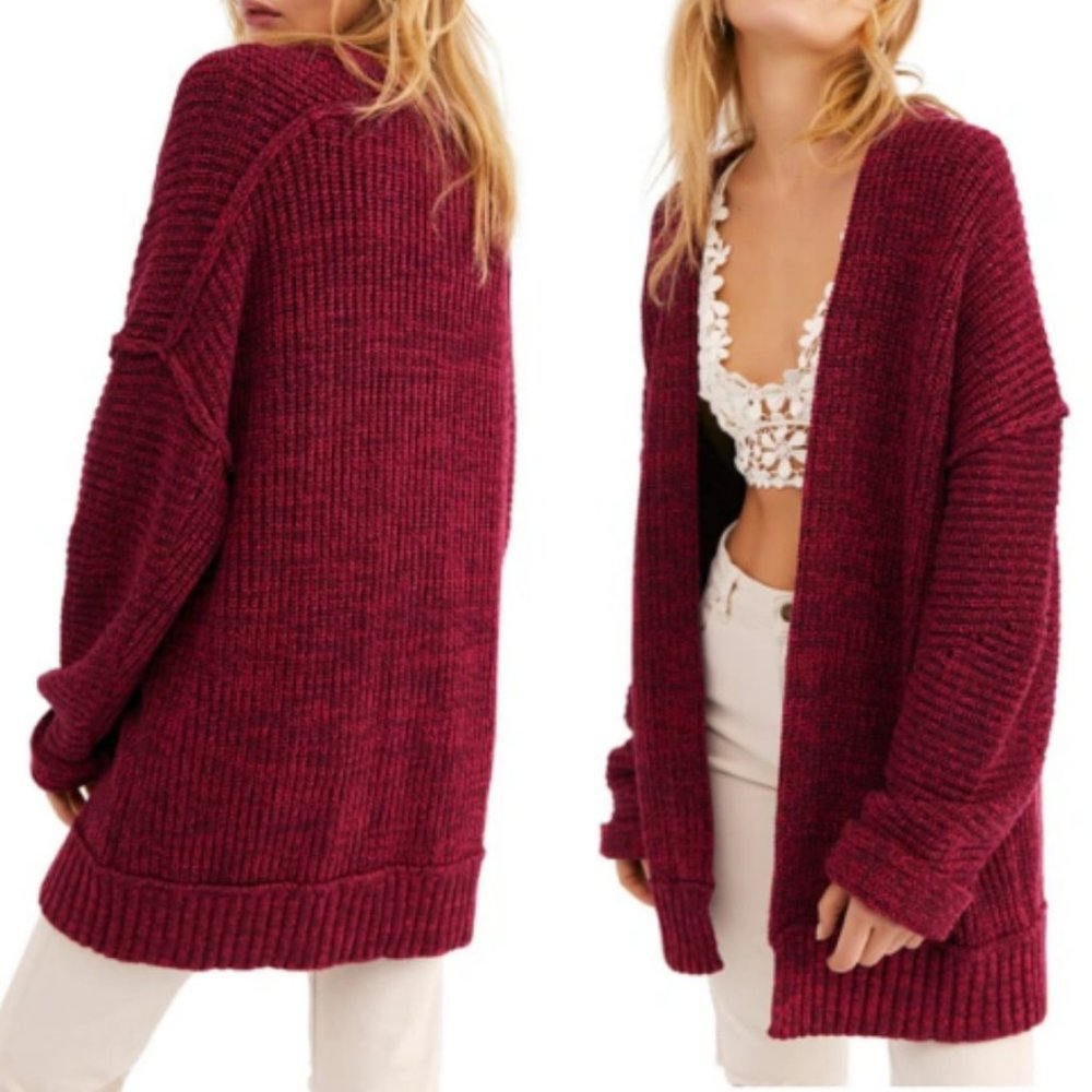Free People High Hopes Cardigan in Plum Blossom Combo Maroon Red Size Medium